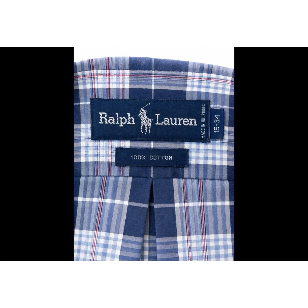 Polo Ralph LAUREN Large 15 -34  Button Down Plaid Long Sleeve Oxford Sport Shirt